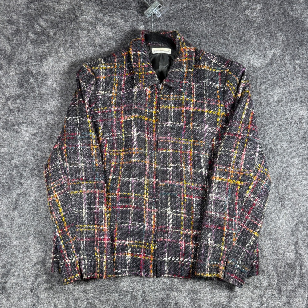 Coldwater Creek Womens Multi Color Plaid Tweed Full Zip Jacket Size L